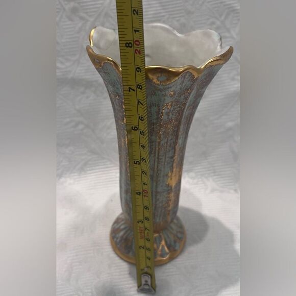 Stangl Vases (2) Turquoise Antique Gold Hand Painted Vintage - Picture 9 of 11